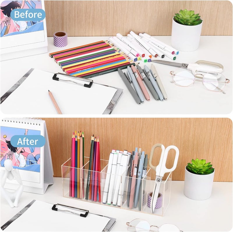 Uquelic Acrylic Pen Holder - Clear Pencil Holder Desk Organiser Makeup Brush Holder Pen Pot Organiser for Office School Household Supplies (28.2 x 7.6 x 9.5 cm) - Image 4