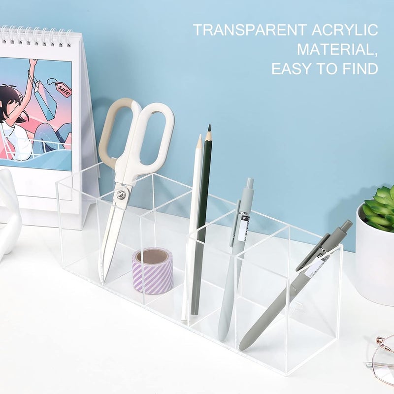 Uquelic Acrylic Pen Holder - Clear Pencil Holder Desk Organiser Makeup Brush Holder Pen Pot Organiser for Office School Household Supplies (28.2 x 7.6 x 9.5 cm) - Image 2