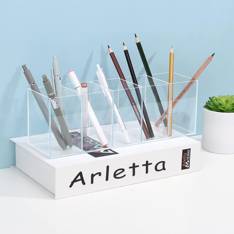 Uquelic Acrylic Pen Holder - Clear Pencil Holder Desk Organiser Makeup Brush Holder Pen Pot Organiser for Office School Household Supplies (28.2 x 7.6 x 9.5 cm) - Image 5
