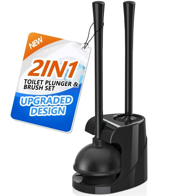 TOILET PLUNGER AND BRUSH WITH HOLDER BOWL BRUSH AND HEAVY DUTY TOILET PLUNGER SET FOR 57INCH TOILET DRAIN 2IN1 BATHROOM CLEANING COMBO WITH MODERN CADDY STAND BLACK