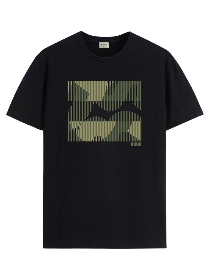 ADRO Men's Regular Fit T-Shirt with Abstract Camo Lines Design - 180 GSM Cotton Lycra Casual Half Sleeve Black Round Neck Graphic Tee - Image 1