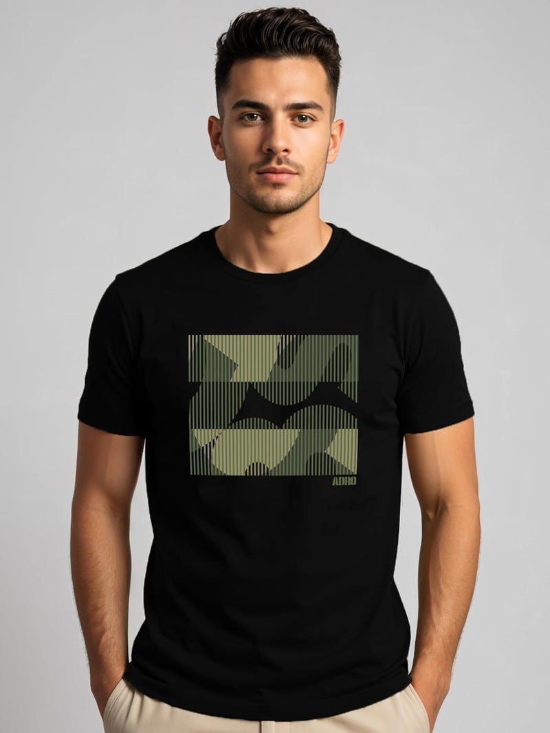 ADRO Men's Regular Fit T-Shirt with Abstract Camo Lines Design - 180 GSM Cotton Lycra Casual Half Sleeve Black Round Neck Graphic Tee - Image 2