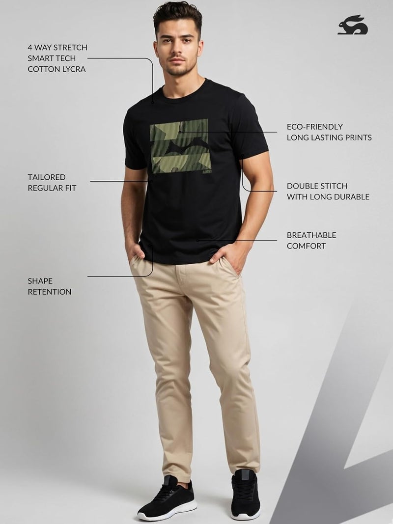 ADRO Men's Regular Fit T-Shirt with Abstract Camo Lines Design - 180 GSM Cotton Lycra Casual Half Sleeve Black Round Neck Graphic Tee - Image 3