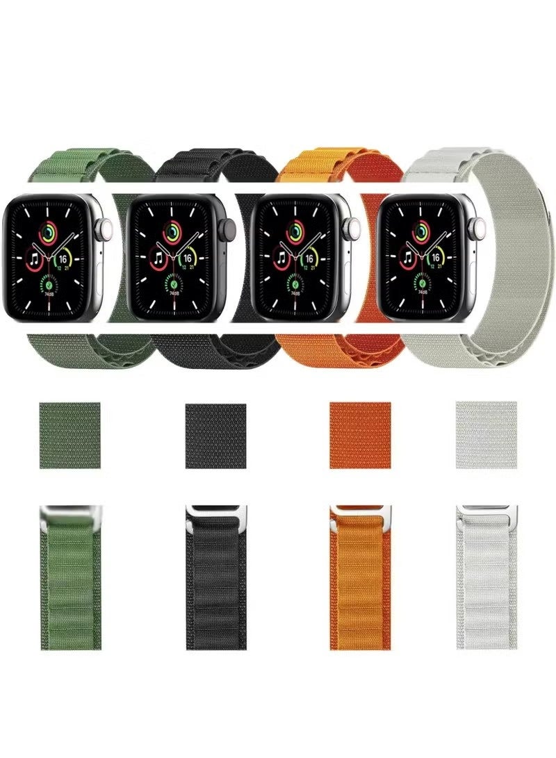 مجموعة من 4 أحزمة نايلون حلقية من نوع Alpine لساعة Apple Watch مقاس 49/45/44 مم، متوافقة مع Apple Watch Ultra/Ultra 2/Series 9/8/7/SE/6/5/4/3 (أبيض/أخضر/برتقالي/أسود) - Image 2