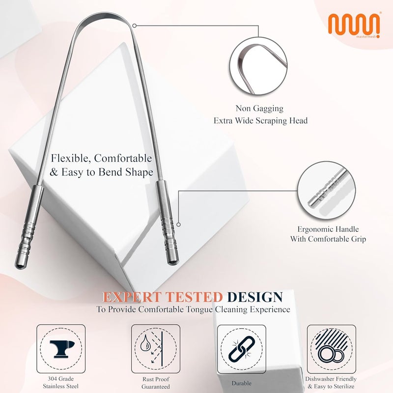 MasterMedi Tongue Scraper for Adults, 100% Stainless Steel & Copper Tongue Scrubber for Bad Breath, Easy to Use, Tongue Cleaner for Oral Care & Hygiene (Combo-2) - Image 4