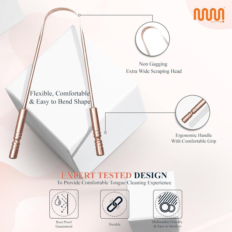 MasterMedi Tongue Scraper for Adults, 100% Stainless Steel & Copper Tongue Scrubber for Bad Breath, Easy to Use, Tongue Cleaner for Oral Care & Hygiene (Combo-2) - Image 3