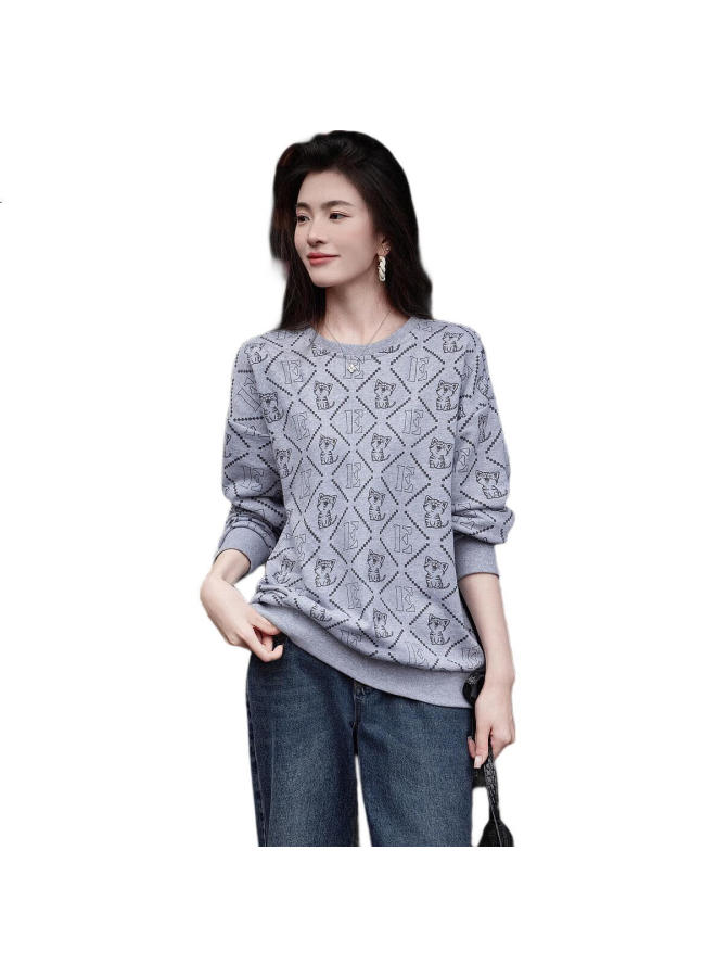 dme Demana [Cotton Printed Sweatshirt] Spring And Autumn Round Neck Loose Drop Shoulder Long Sleeve Slightly Stretchy Sweatshirt For Women, Linen Gray, S - Image 3