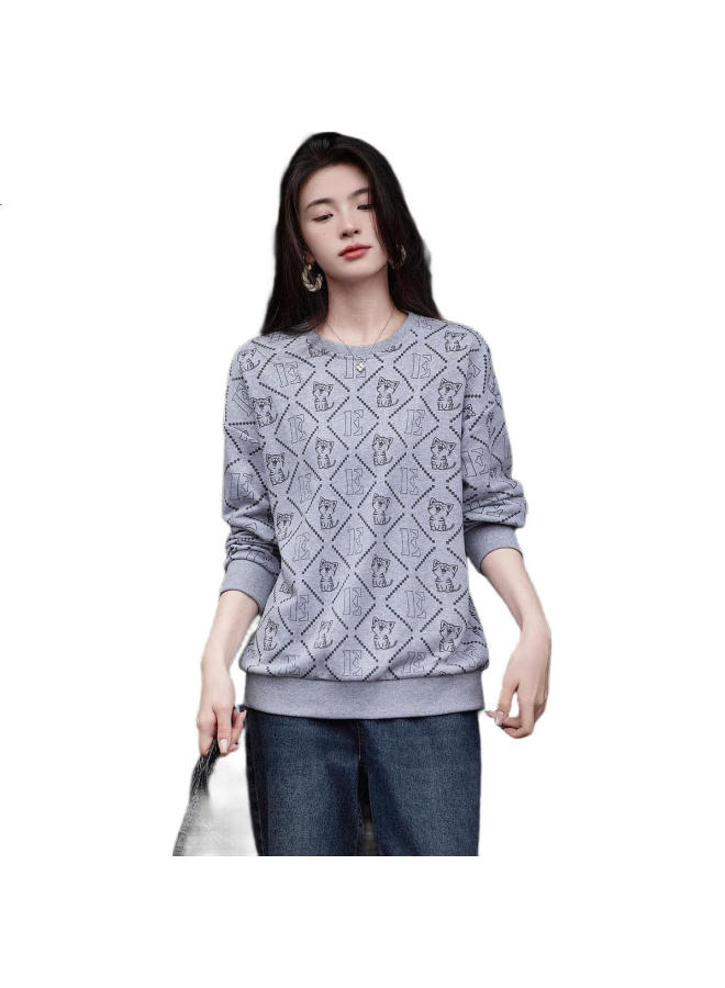dme Demana [Cotton Printed Sweatshirt] Spring And Autumn Round Neck Loose Drop Shoulder Long Sleeve Slightly Stretchy Sweatshirt For Women, Linen Gray, S - Image 1