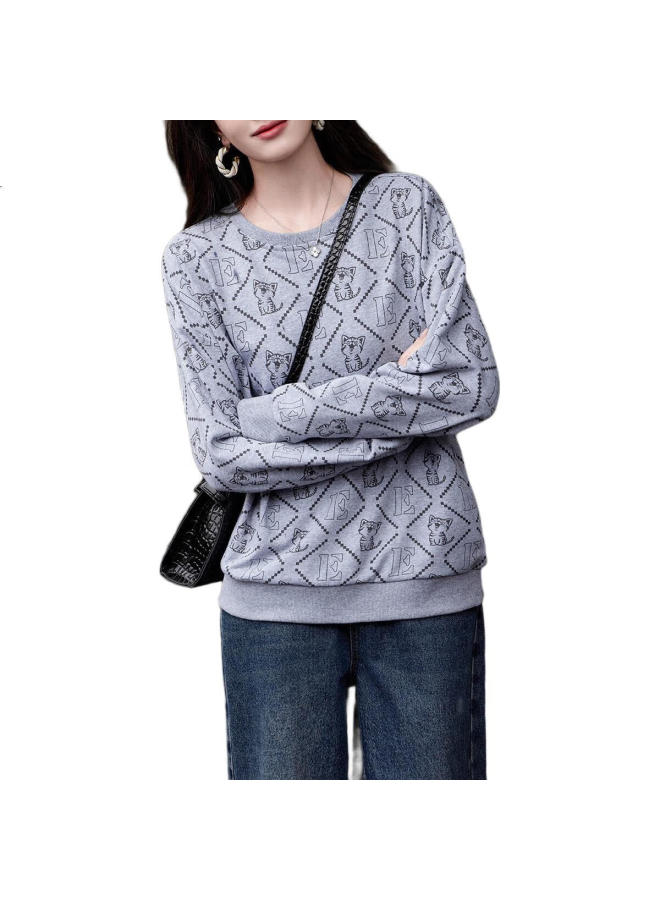 dme Demana [Cotton Printed Sweatshirt] Spring And Autumn Round Neck Loose Drop Shoulder Long Sleeve Slightly Stretchy Sweatshirt For Women, Linen Gray, S - Image 2