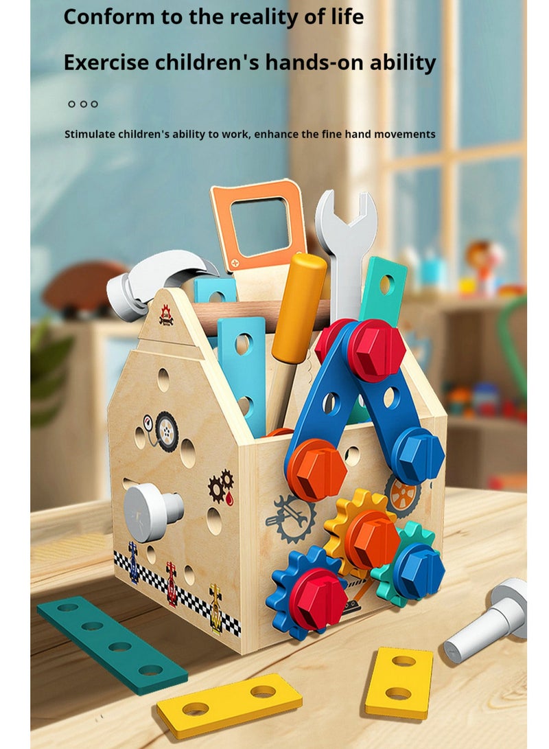 Beauenty Children's wooden multi-function toolbox busy block screw disassembly nut hand tool blue puzzle toy - Image 5