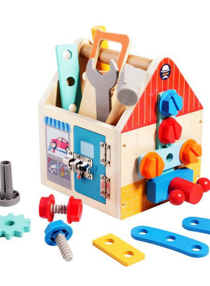Beauenty Children's wooden multi-function toolbox busy block screw disassembly nut hand tool blue puzzle toy - Image 1
