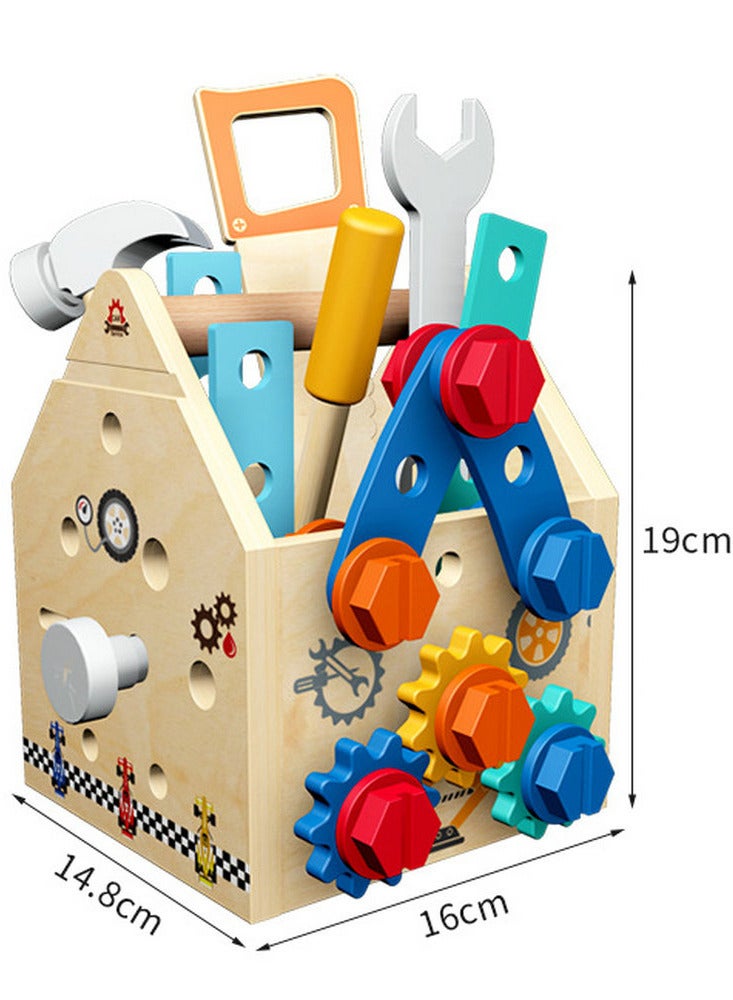 Beauenty Children's wooden multi-function toolbox busy block screw disassembly nut hand tool blue puzzle toy - Image 2