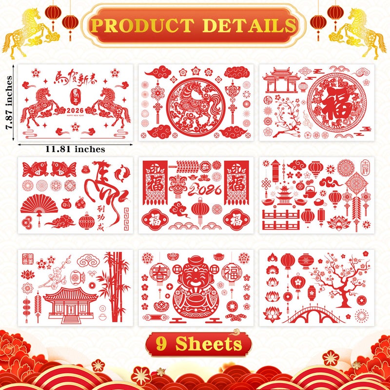 Traplace 9 Sheets Chinese New Year Window Clings, Horse Year Decor for Window, 2026 Lunar New Year Decorations, Red Spring Festival Decals Double-Sided Stickers for Festival Family Gathering Door Wall Decor - Image 2
