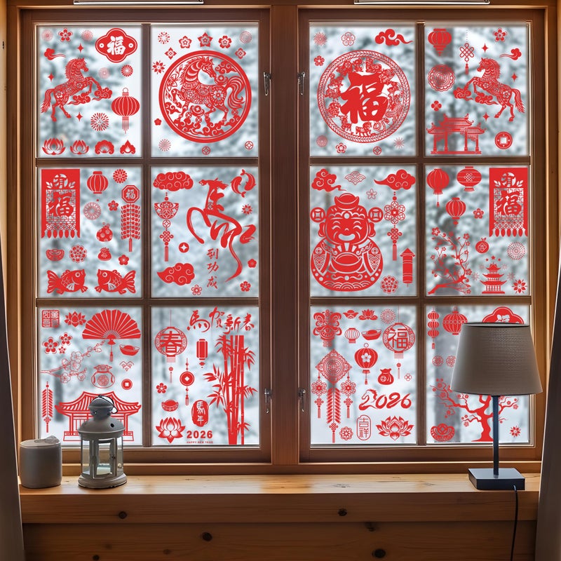 Traplace 9 Sheets Chinese New Year Window Clings, Horse Year Decor for Window, 2026 Lunar New Year Decorations, Red Spring Festival Decals Double-Sided Stickers for Festival Family Gathering Door Wall Decor - Image 5