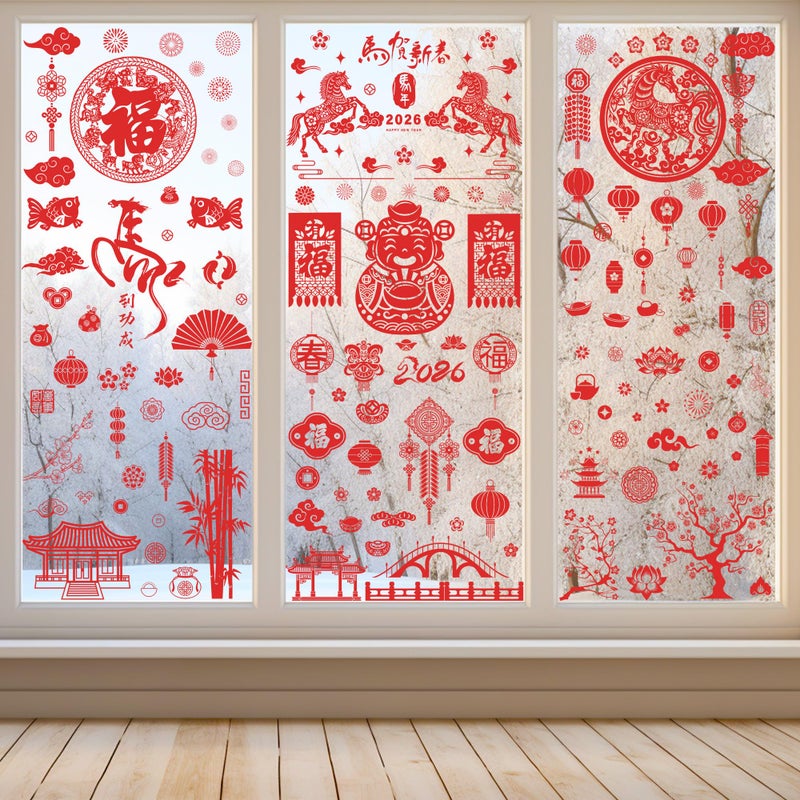 Traplace 9 Sheets Chinese New Year Window Clings, Horse Year Decor for Window, 2026 Lunar New Year Decorations, Red Spring Festival Decals Double-Sided Stickers for Festival Family Gathering Door Wall Decor - Image 4