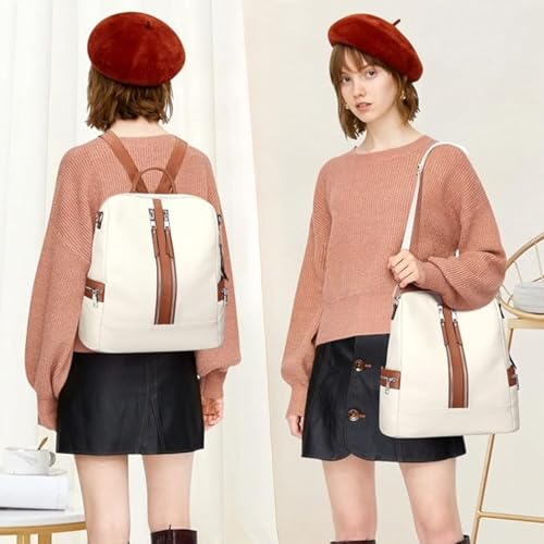 Craftify Anti-Theft Backpack for Women | Stylish PU Leather Convertible Shoulder Bag & Backpack Purse | Casual College Travel Daypack Birthday Gift (White &Tan) - Image 3