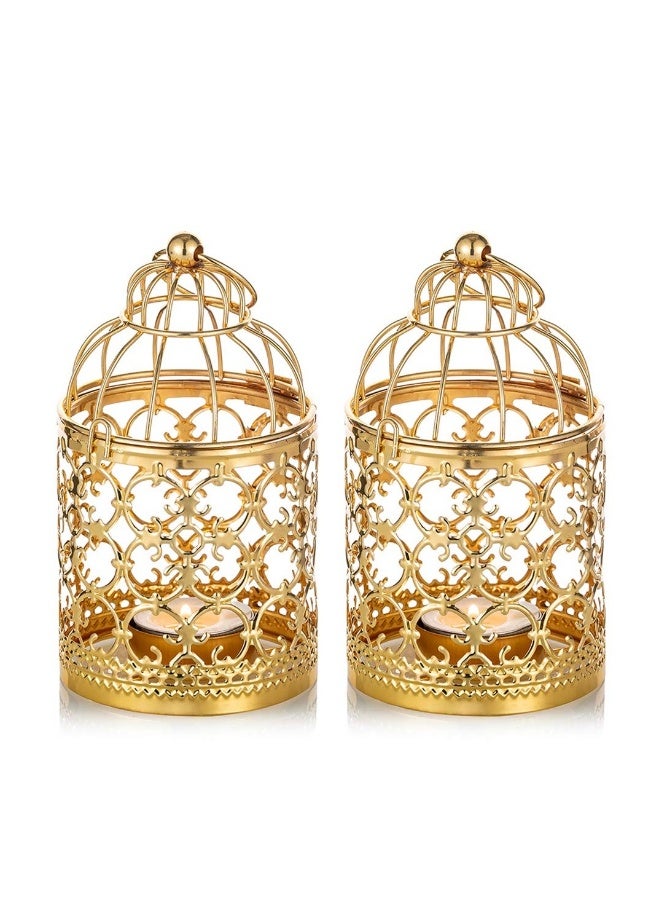 2 Pcs Small Metal Tealight Hanging Birdcage Lantern, Vintage Candle Holders, Vintage Decorative Centerpieces of Wedding, Party, Made of Metal, Sturdy Metal Ring, Serves as lighting for yard (Gold)  - Image 1