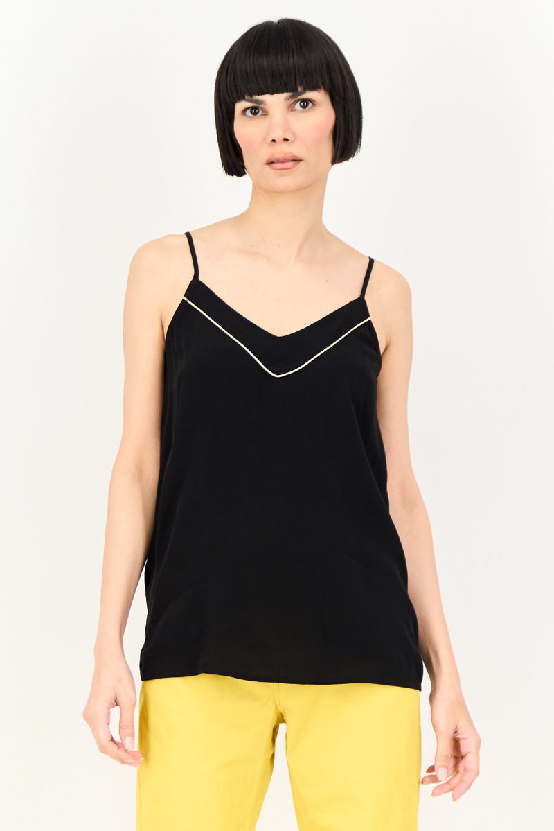 promod Women V-Neck Sleeveless Solid Tank Top, Black - Image 1