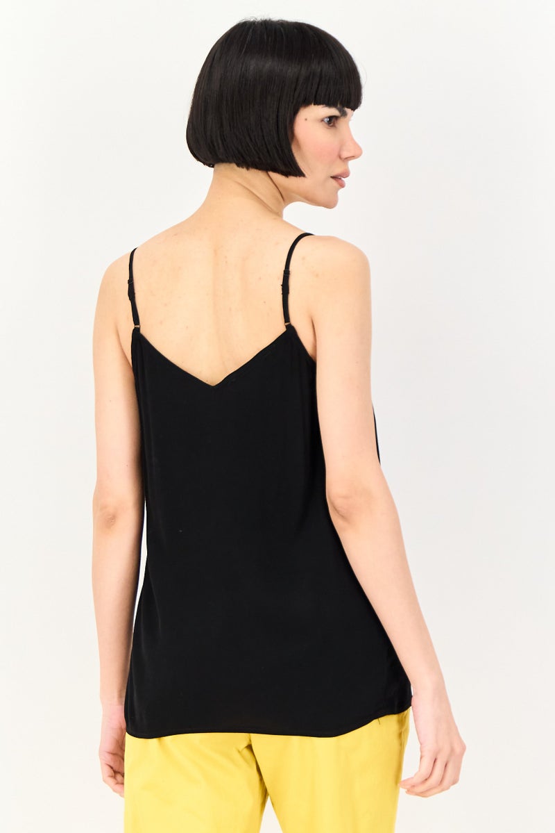 promod Women V-Neck Sleeveless Solid Tank Top, Black - Image 2