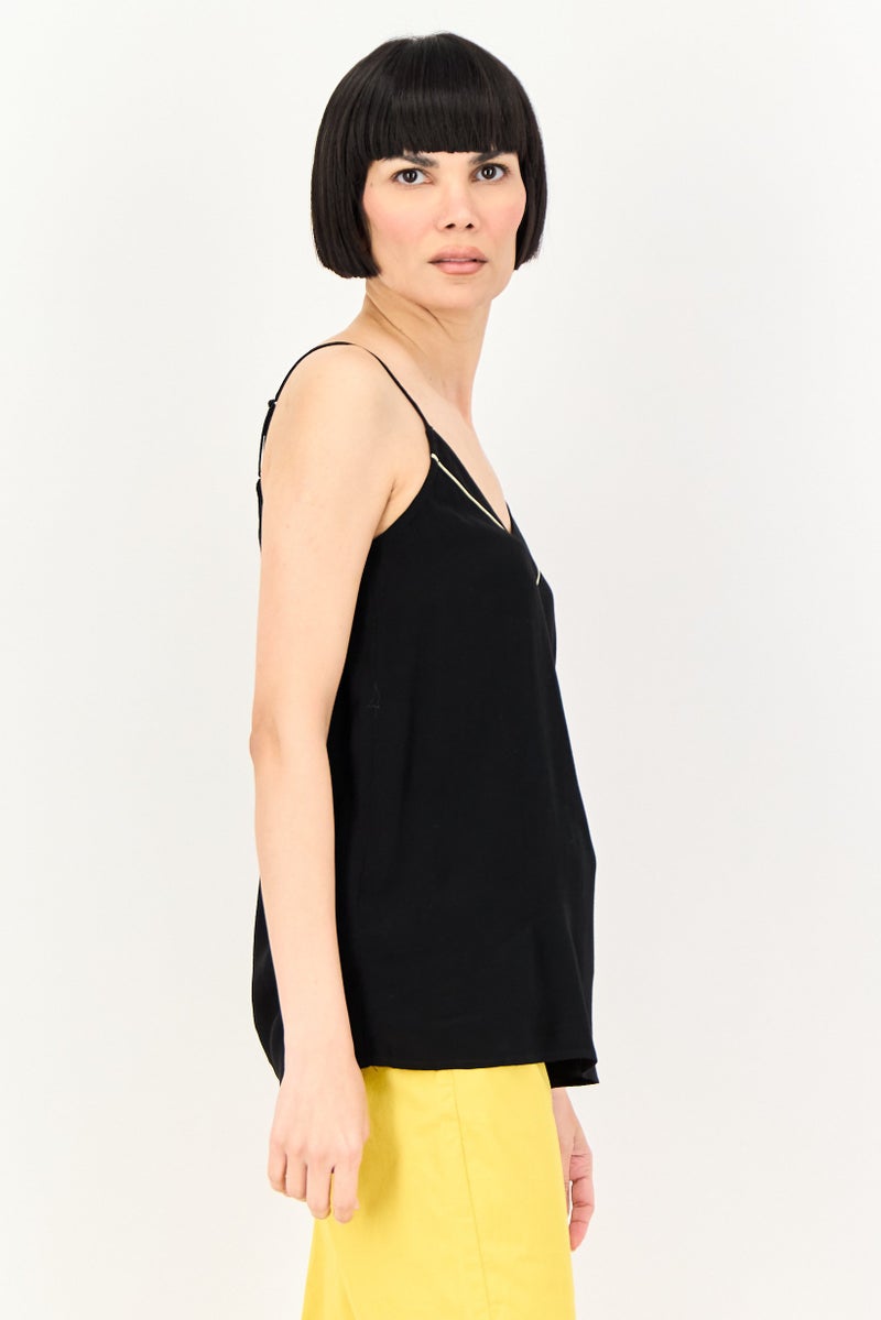 promod Women V-Neck Sleeveless Solid Tank Top, Black - Image 4