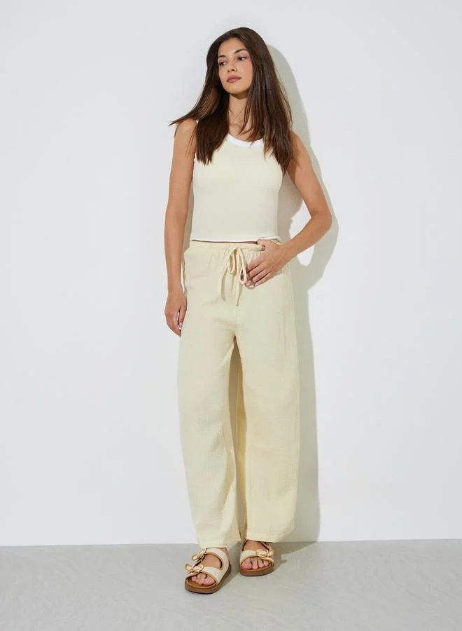 ستايلي Beige Cotton Wide Leg Pants with Drawcord