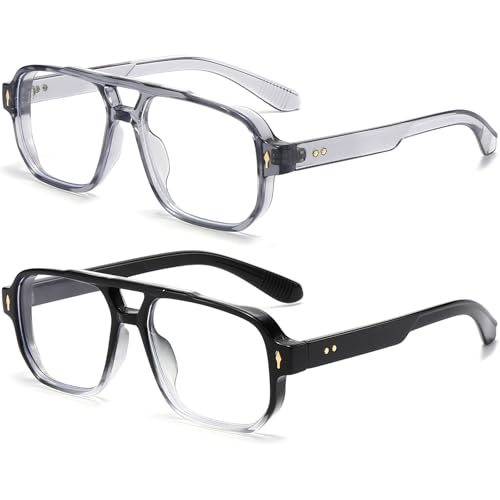 PORADAY Blue Light Blocking Glasses for Women Men 70s Retro Square Aviator Eyeglasses Rectangle Computer Eyewear(Clear Grey+Gradient Black) - Image 1