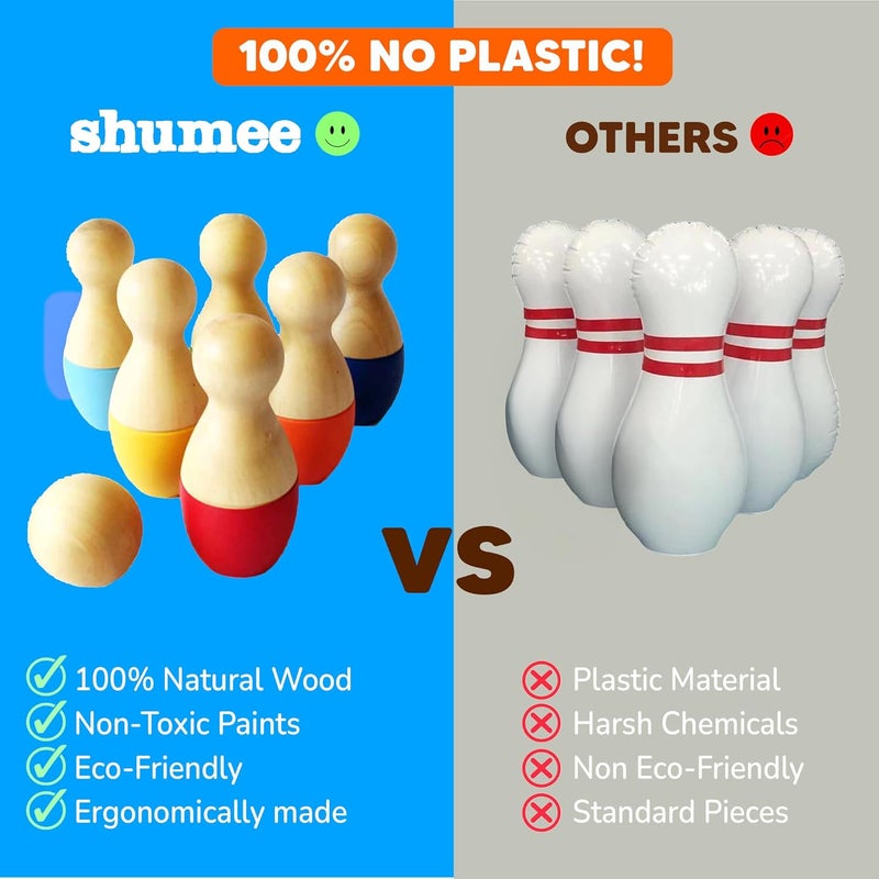 Shumee Wooden Bowling Set for Ages 2+ with 6 Pins & 1 Ball | Coordination & Fine Motor Skill Toys for Kids | Activity Toys for 2-5 Years Old | Durable & Lightweight | Ideal Gift - Image 5