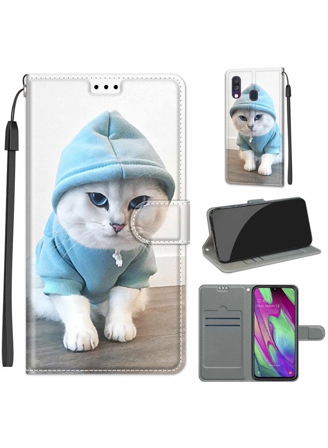 Case Cover For Samsung Galaxy A40 Voltage Colored Drawing Magnetic Clasp Horizontal Flip PU Leather Case with Holder & Card Slots C15 Blue Sweater White Cat
