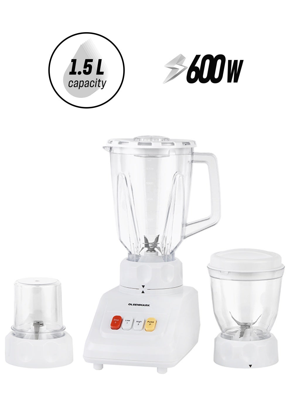 Multi Functional 3 In 1 Blender, With 1.5 Litre Jar Capacity, Stainless Steel Blade & Housing, Overheat Protection, Multi Functional Design For Blending, Grinding & Mincing, 2 Speed Function 1.5 L 600 W OMSB2054 White