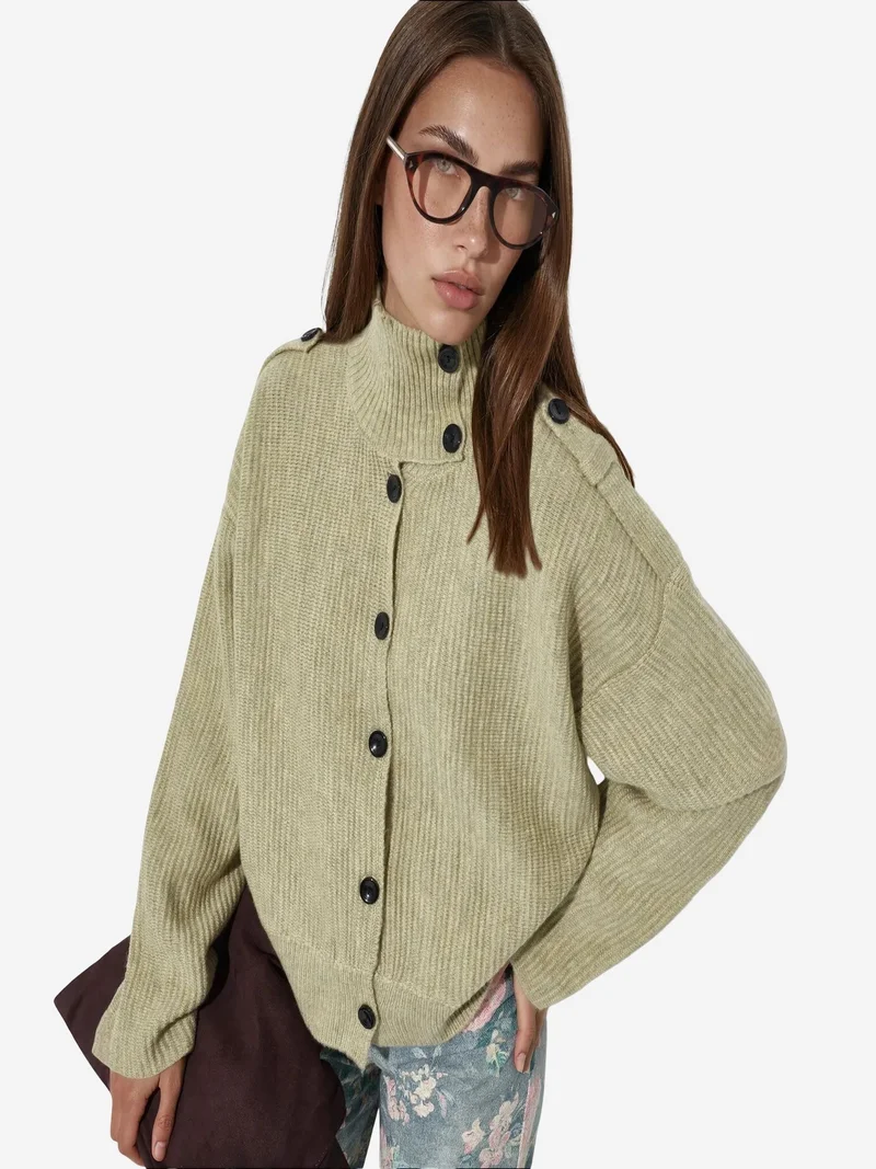 فيورنا VIORNA Ribbed Half-Turtleneck Button Cardigan