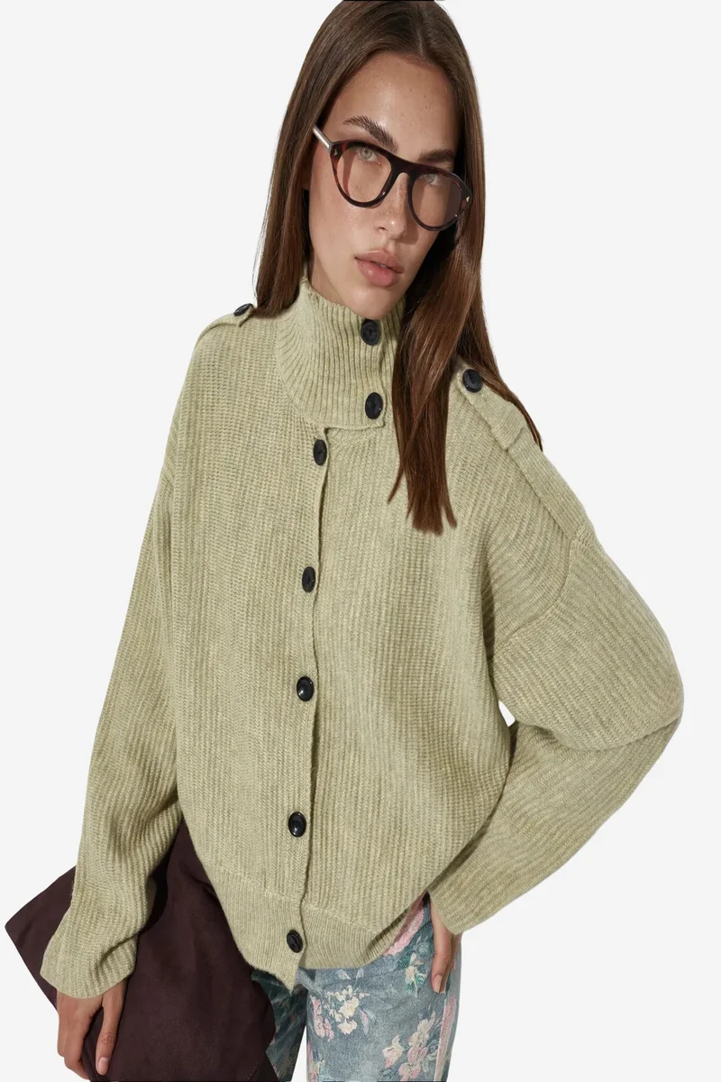 Viorna VIORNA Ribbed Half-Turtleneck Button Cardigan