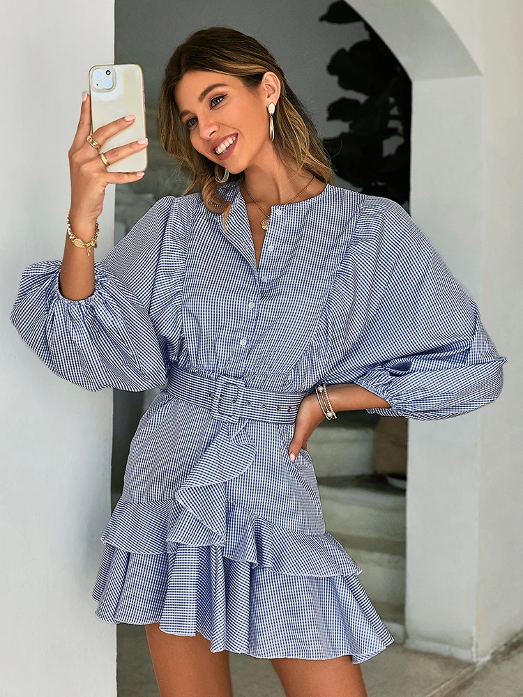 Simplee Dress V-Neck Long Sleeve Belt A-Line Plaid Ruffle Vacation Casual Fashion Summer Trendy Modern Chic
