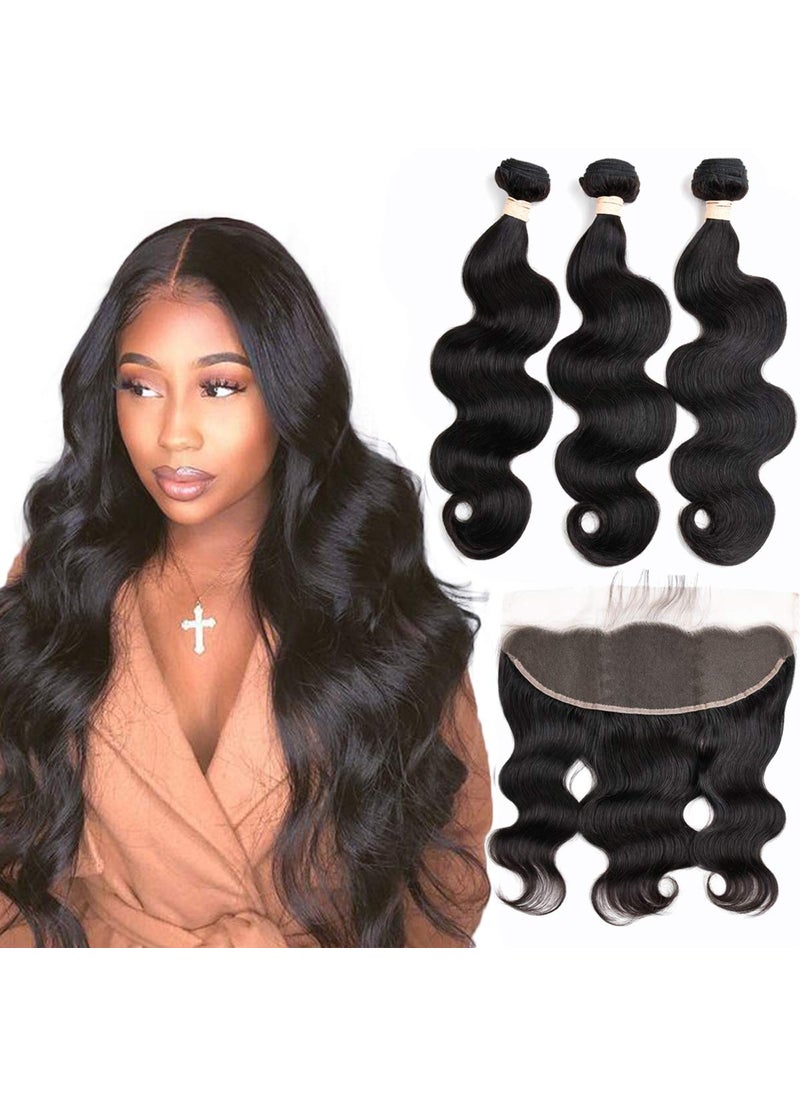 Beauhair - Body Wave Bundles with Frontal Human Hair Bundles with Lace Frontal 20 22 2418 Natural Black Brazilian Body Wave Hair Virgin Hair Ear to Ear 13x4 Frontal with 3 Bundles - Image 1