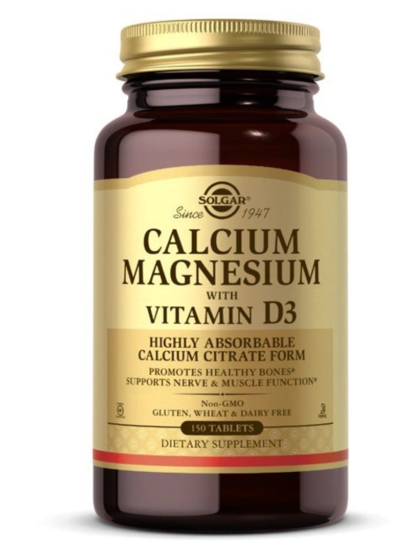 Solgar Calcium Magnesium With Vitamin D3 Dietary Supplement Highly Absorbable Form Promotes Healthy Bones Supports Nerve And Muscle Functions - 150 Tablets - Image 1