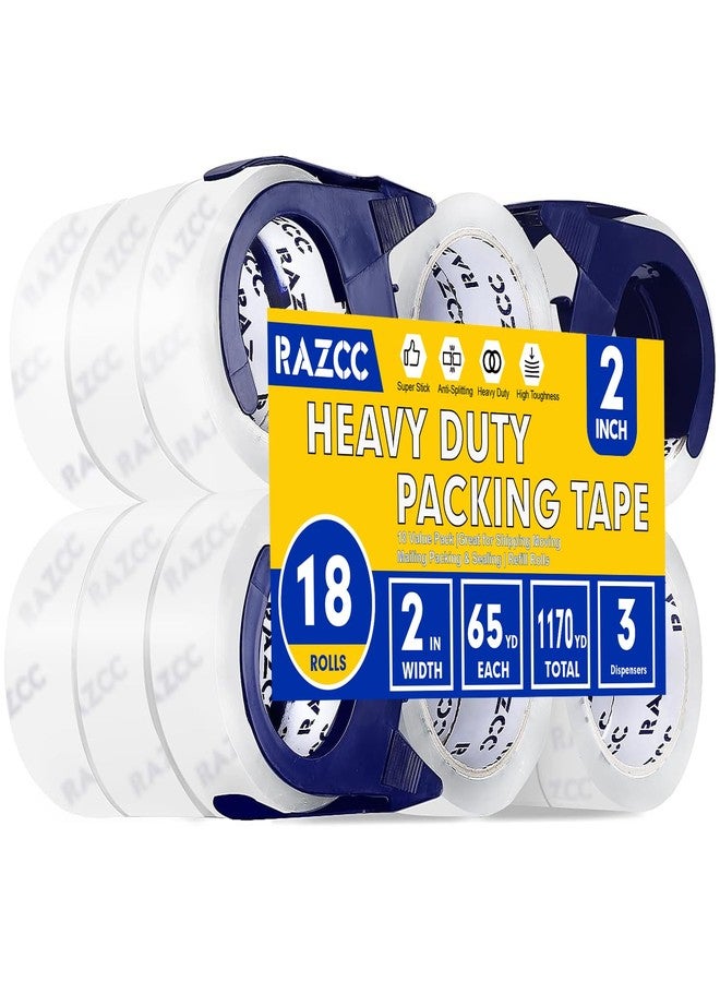 RAZCC Clear Packing Tape, 18 Rolls Heavy Duty Packaging Tape with Dispensers for Packing Shipping Moving and Sealing, Thicker Packing Tape-2" x 65 Yards Per Roll, 1170 Total Yards - Image 1