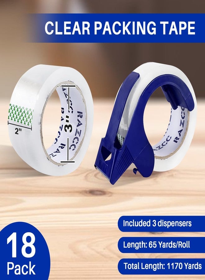 RAZCC Clear Packing Tape, 18 Rolls Heavy Duty Packaging Tape with Dispensers for Packing Shipping Moving and Sealing, Thicker Packing Tape-2" x 65 Yards Per Roll, 1170 Total Yards - Image 2