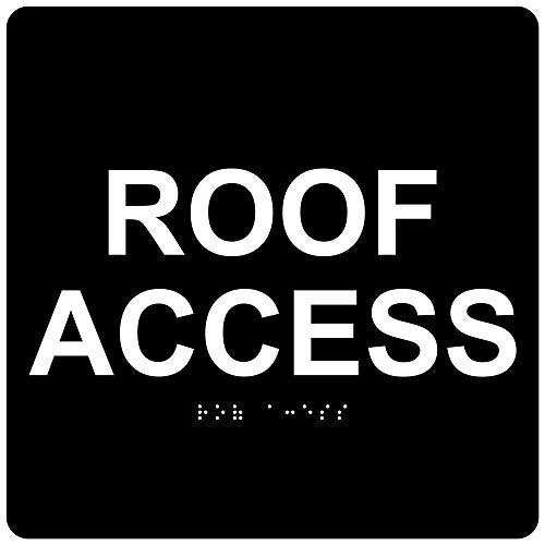 ComplianceSigns.com Roof Access Sign, ADA-Compliant Braille and Raised Letters, 6x6 inch White on Black Acrylic with Adhesive Mounting Strips, American Made Safety Signs for the Workplace - Image 1
