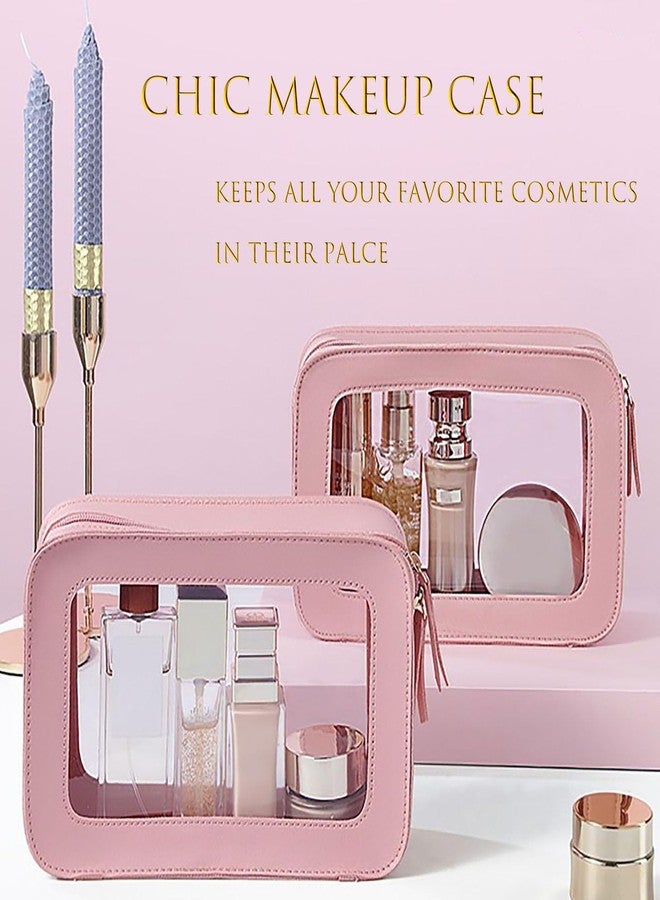 دبليو ام ام حقيبة مكياج شفافة ومقاومة للماء، حقيبة سفر محمولة لتنظيم مستحضرات التجميل للنساء، حقيبة أدوات تجميل مزودة بنوافذ وسحابات من الفينيل الشفاف (لون وردي) - Image 2