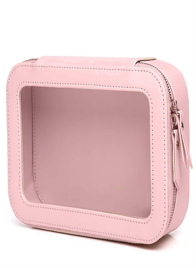 دبليو ام ام حقيبة مكياج شفافة ومقاومة للماء، حقيبة سفر محمولة لتنظيم مستحضرات التجميل للنساء، حقيبة أدوات تجميل مزودة بنوافذ وسحابات من الفينيل الشفاف (لون وردي) - Image 1