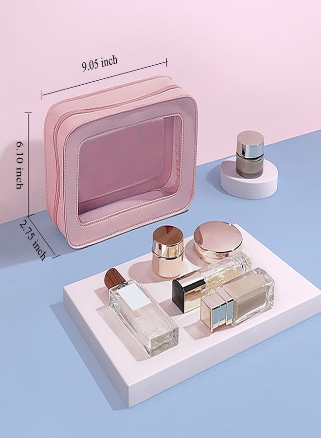 دبليو ام ام حقيبة مكياج شفافة ومقاومة للماء، حقيبة سفر محمولة لتنظيم مستحضرات التجميل للنساء، حقيبة أدوات تجميل مزودة بنوافذ وسحابات من الفينيل الشفاف (لون وردي) - Image 4