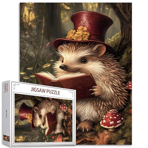 Aihonmin Hedgehog Mushrooms Jigsaw Puzzle 1000 Pieces for Adult Animals Reading Book Puzzles for Challenging Family Activity Games DIY Handwork Easy Puzzle Home Wall Decoration Unique Gifts 20x27 Inches - Image 1