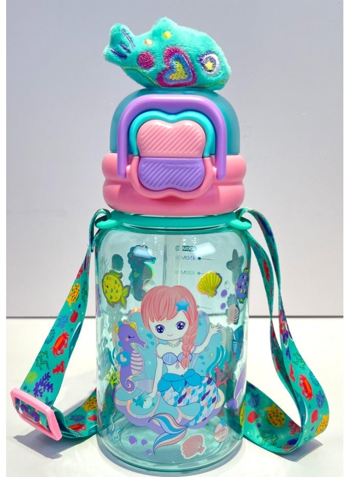 Five dream house 600ML Dreamy Mermaid Kids Water Bottle For School, Sippy Cup with Straw, Dual Drink Design with Free Magnetic Plush Toy Brooch - Image 1