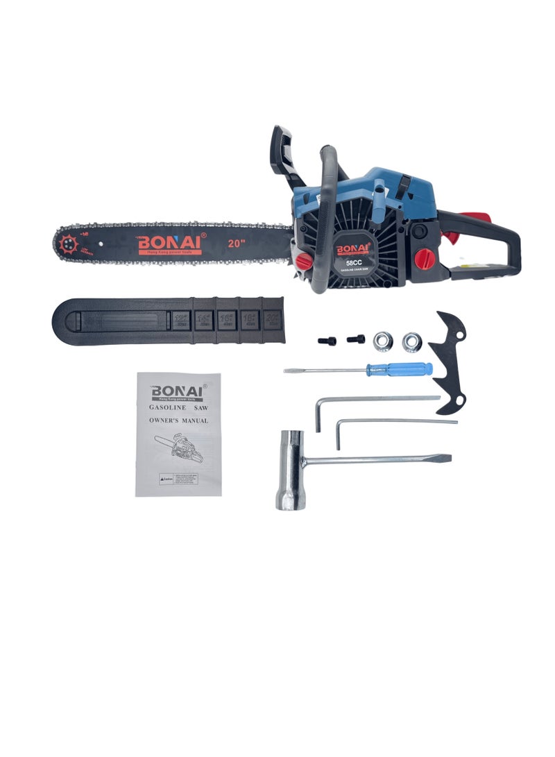 BONAI Petrol Chainsaw 58CC 2-Stroke Engine, 20" Bar, Gas Powered Chain Saw for Tree Felling, Wood Cutting, Garden Maintenance, with Easy Start System and Safety Features - Image 1