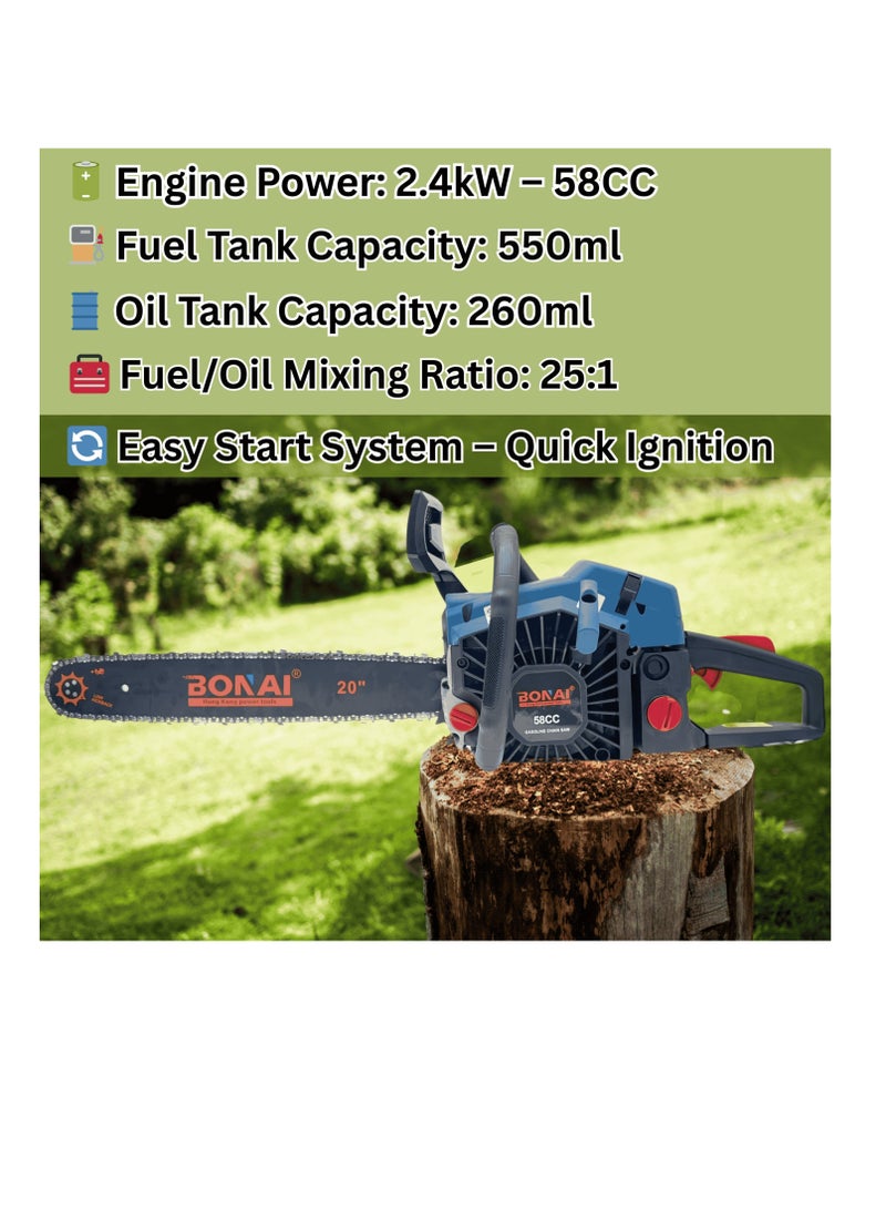 BONAI Petrol Chainsaw 58CC 2-Stroke Engine, 20" Bar, Gas Powered Chain Saw for Tree Felling, Wood Cutting, Garden Maintenance, with Easy Start System and Safety Features - Image 4