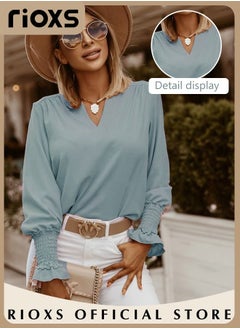 RIOXS Women's Solid Color Dressy Chiffon Shirts Notch V-neck Puff Long Sleeve Blouse Loose Fit Casual Tops Office Formal Work Shirts  - Image 2