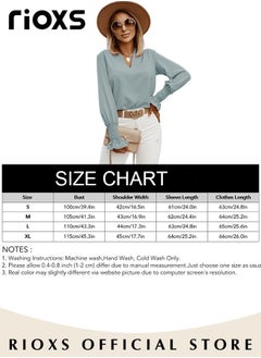 RIOXS Women's Solid Color Dressy Chiffon Shirts Notch V-neck Puff Long Sleeve Blouse Loose Fit Casual Tops Office Formal Work Shirts  - Image 3