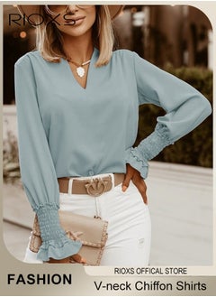 RIOXS Women's Solid Color Dressy Chiffon Shirts Notch V-neck Puff Long Sleeve Blouse Loose Fit Casual Tops Office Formal Work Shirts  - Image 1