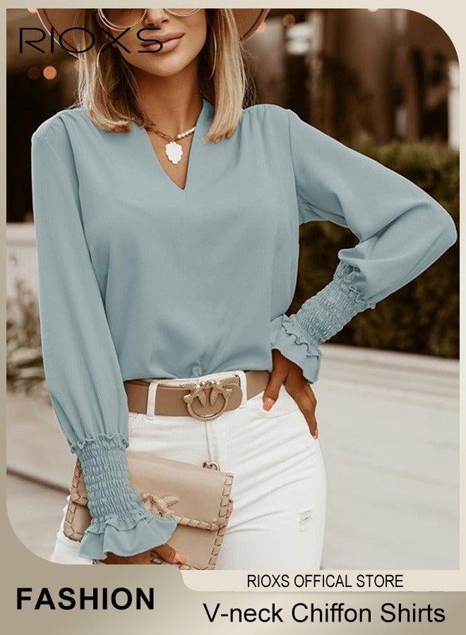 RIOXS Women's Solid Color Dressy Chiffon Shirts Notch V-neck Puff Long Sleeve Blouse Loose Fit Casual Tops Office Formal Work Shirts  - Image 1