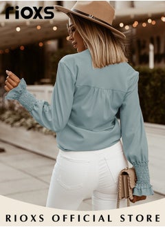 RIOXS Women's Solid Color Dressy Chiffon Shirts Notch V-neck Puff Long Sleeve Blouse Loose Fit Casual Tops Office Formal Work Shirts  - Image 5