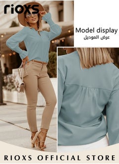 RIOXS Women's Solid Color Dressy Chiffon Shirts Notch V-neck Puff Long Sleeve Blouse Loose Fit Casual Tops Office Formal Work Shirts  - Image 4
